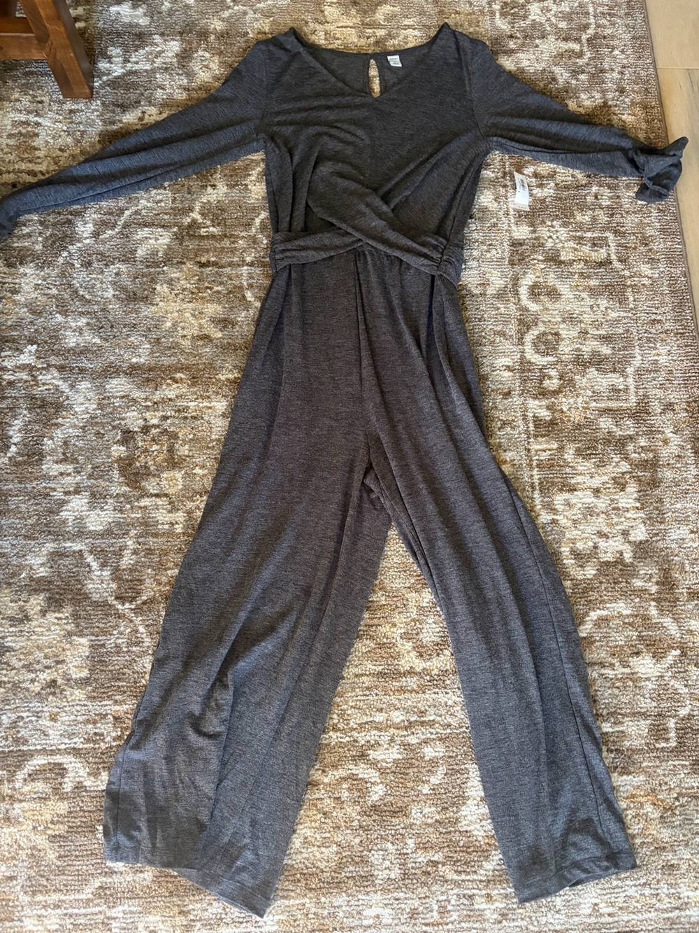 Old Navy Charcoal Knit Long-Sleeve Jumpsuit with Twist Front